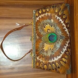 Vintage 1960s 1970s peacock feather clutch bag purse boho